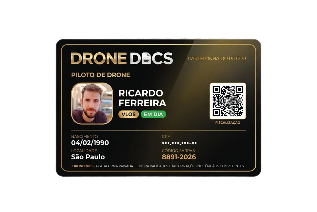 Carteirinha digital do piloto de drone com QR de fiscalização